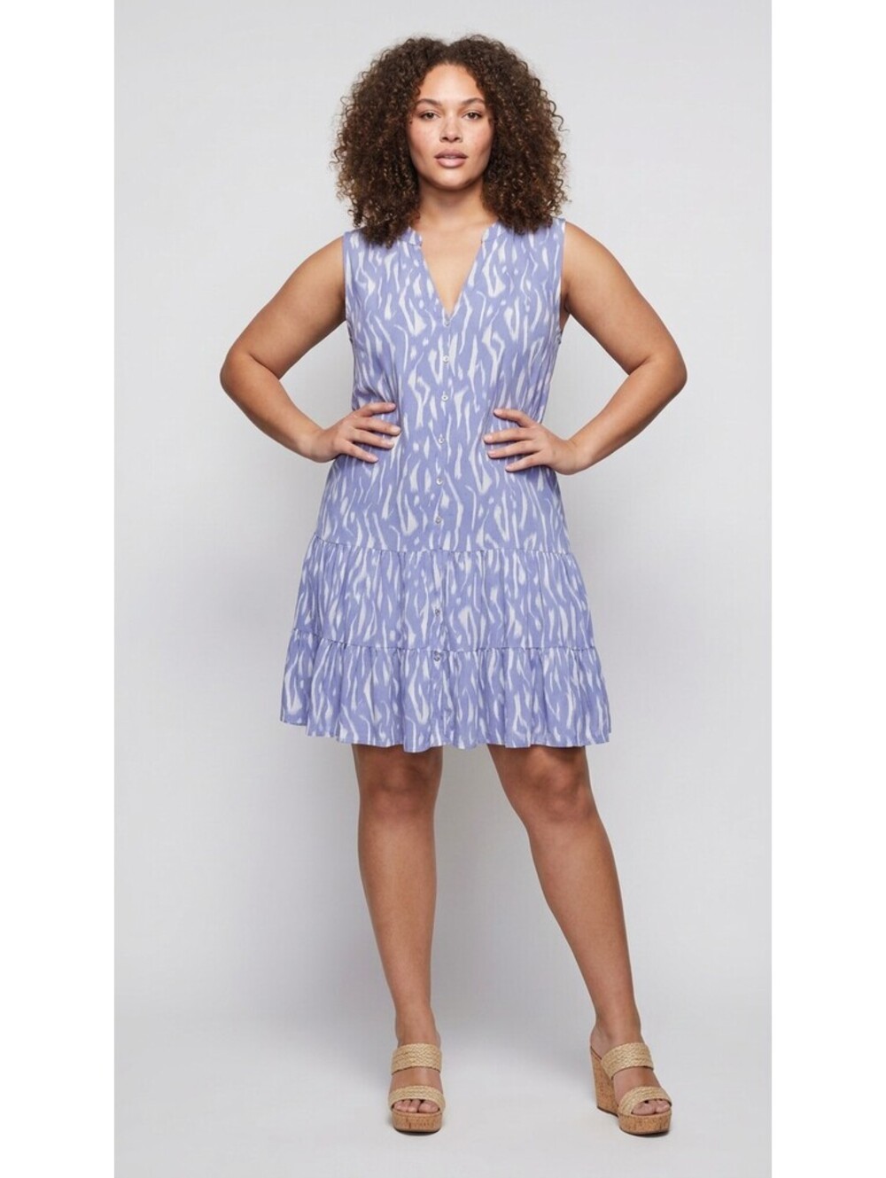 Nine West Women's XL Blue White Abstract Print Sleeveless Tiered Mini Dress